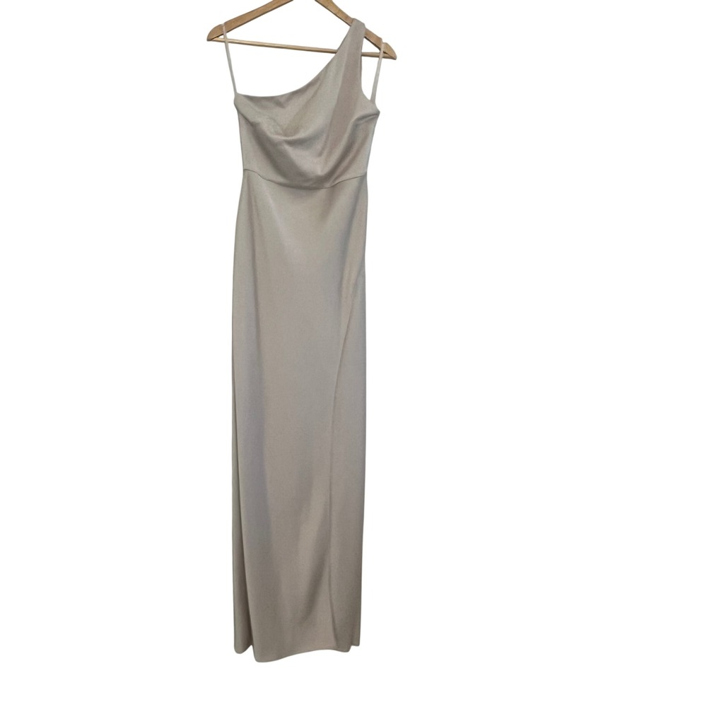 BHLDN Dylan One Shoulder Satin Side Slit Maxi Dress Champagne Beige Size 2